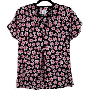 Cabi Black Pink Floral V-Neck Pleated Front Short Cap Sleeve Pullover Tunic Top